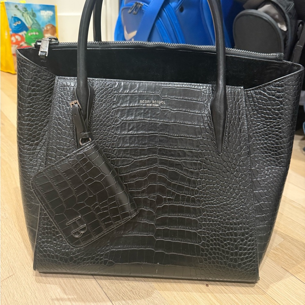 Henri Bendel Black Crocodile Embossed Tote